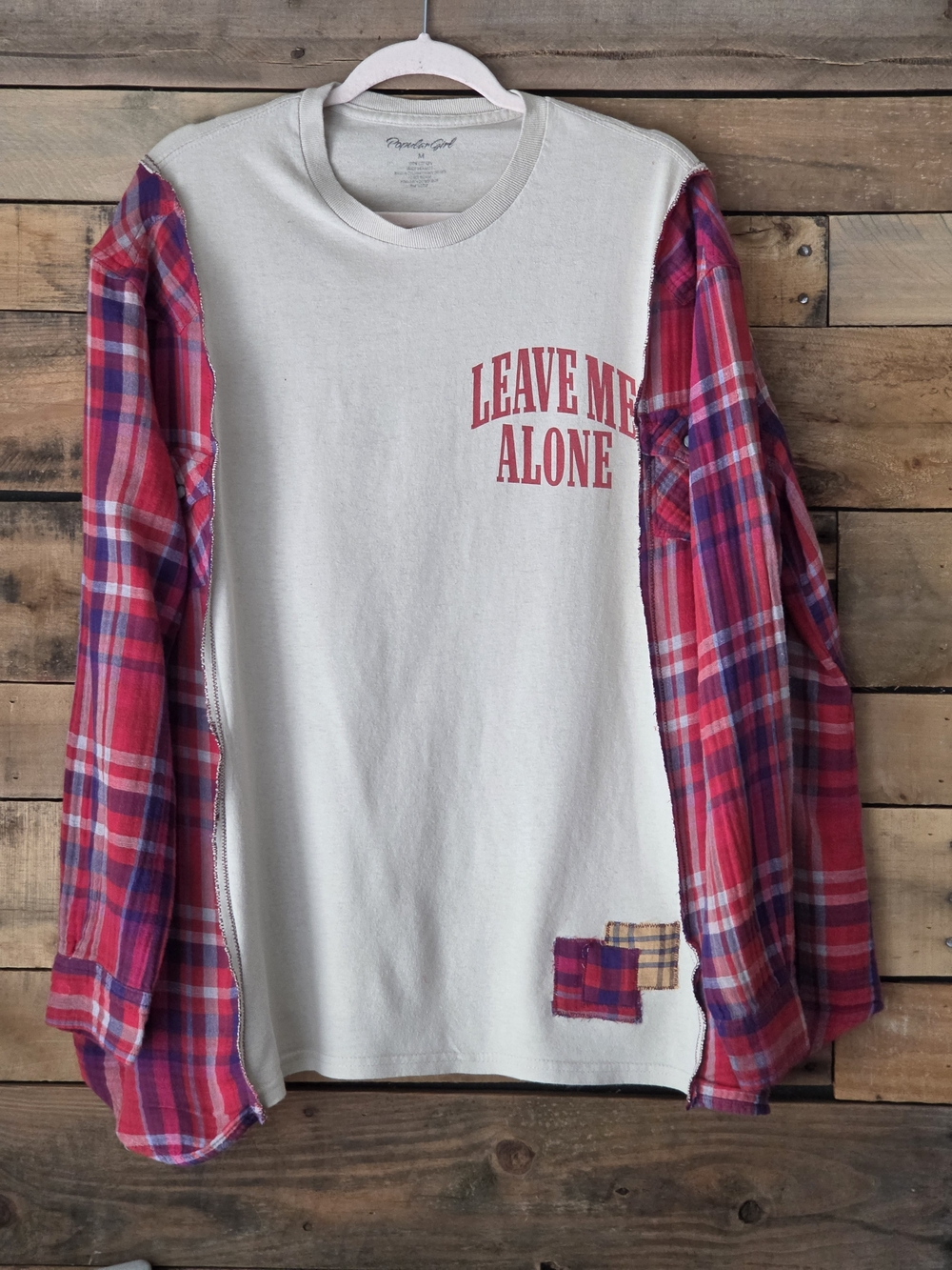 Upcycled Leave Me Alone Graphic Tee with Red Plaid Sleeve Detail - Picture 1 of 12
